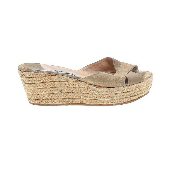 Jimmy Choo Gold Metallic Strappy Slip-On Platform Sandal Woven Wedges Sz 42 - Picture 1 of 10